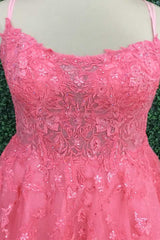 Hot Pink Floral Lace Backless A-Line Prom Dress