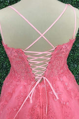 Hot Pink Floral Lace Backless A-Line Prom Dress