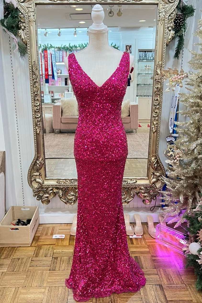 Magenta Sequin V-Neck Mermaid Long Prom Dress