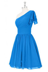 Blue One-Shoulder Ruffled Sleeve Short Bridesmaid Dress