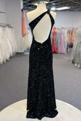 Black Sequin One-Shoulder Cutout Long Prom Dress