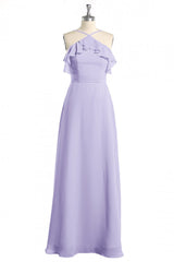 Lavender Halter Ruffled A-Line Long Bridesmaid Dress