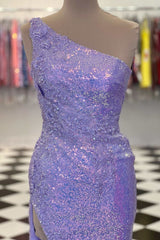 One-Shoulder Sequins Long Prom Dress with Floral Appliques