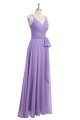 Lavender Spaghetti Straps Tie-Side Long Formal Dress