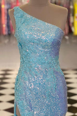 One-Shoulder Sequins Long Prom Dress with Floral Appliques