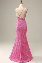 Pink Iridescent Sequin One-Shoulder Mermaid Long Formal Dress with Slit