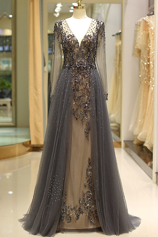 Long Sleeve Grey Beaded Long Prom Dress