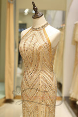 Mermaid High Neck Gold Beaded Long Formal Evening Dress