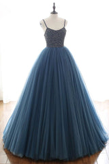 Navy Blue Ball Gown - Spaghetti Straps Beaded Bodice