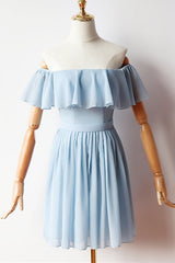 Off the Shoulder Blue Chiffon Short Dress