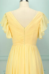 Elegant V Neck Pleated Yellow Bridesmaid Dress with Ruffles