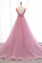 Deep V-Neck Pink Tulle Formal Dress