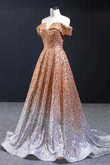 Off the Shoulder Gold and Silver Ombre Sequins Formal Dress