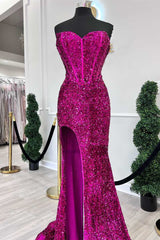 Fuchsia Sequin Strapless Mermaid Long Prom Dress with Slit