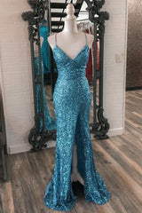 Blue Sequin V-Neck Lace-Up Mermaid Long Dress with Slit