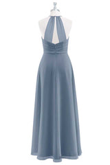 Dusty Blue Chiffon Halter Backless Ruffled Long Bridesmaid Dress