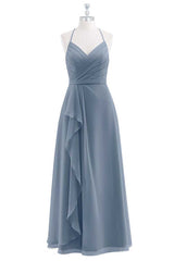 Dusty Blue Chiffon Halter Backless Ruffled Long Bridesmaid Dress