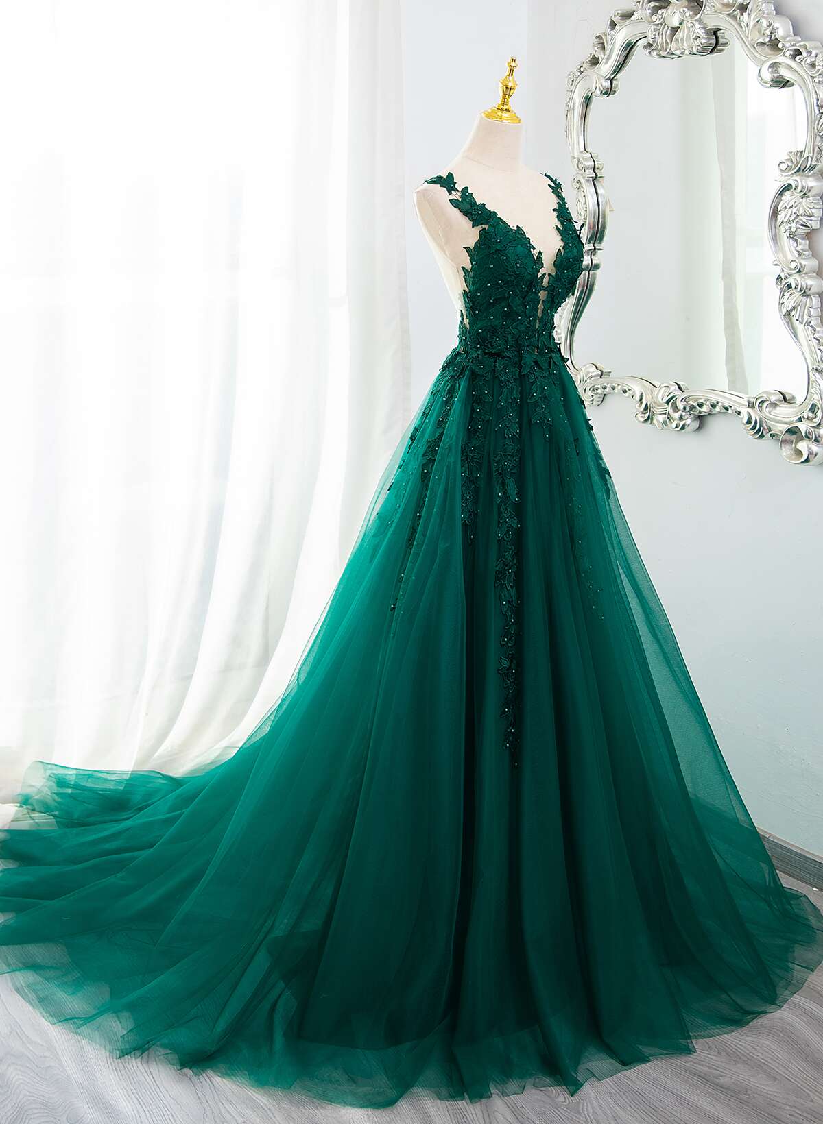 Prom Dress V Neck, Dark Green V-neckline Lace Long Beaded Prom Dress, Dark Green Party Dress