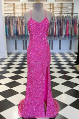 Spaghetti Straps Pink Sequin Mermaid Long Dress