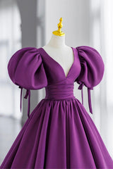 Purple Puff Sleeves Satin Long Prom Dress, V-Neck Evening Dress