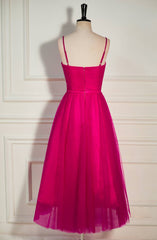 Fuchsia Straps A-line Tulle Tea-Length Prom Dress