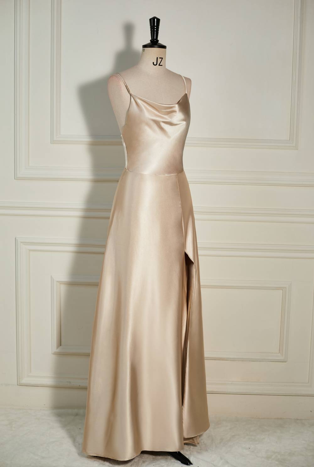 Champagne Cowl Neck Straps A-line Satin Long Dress with Slit