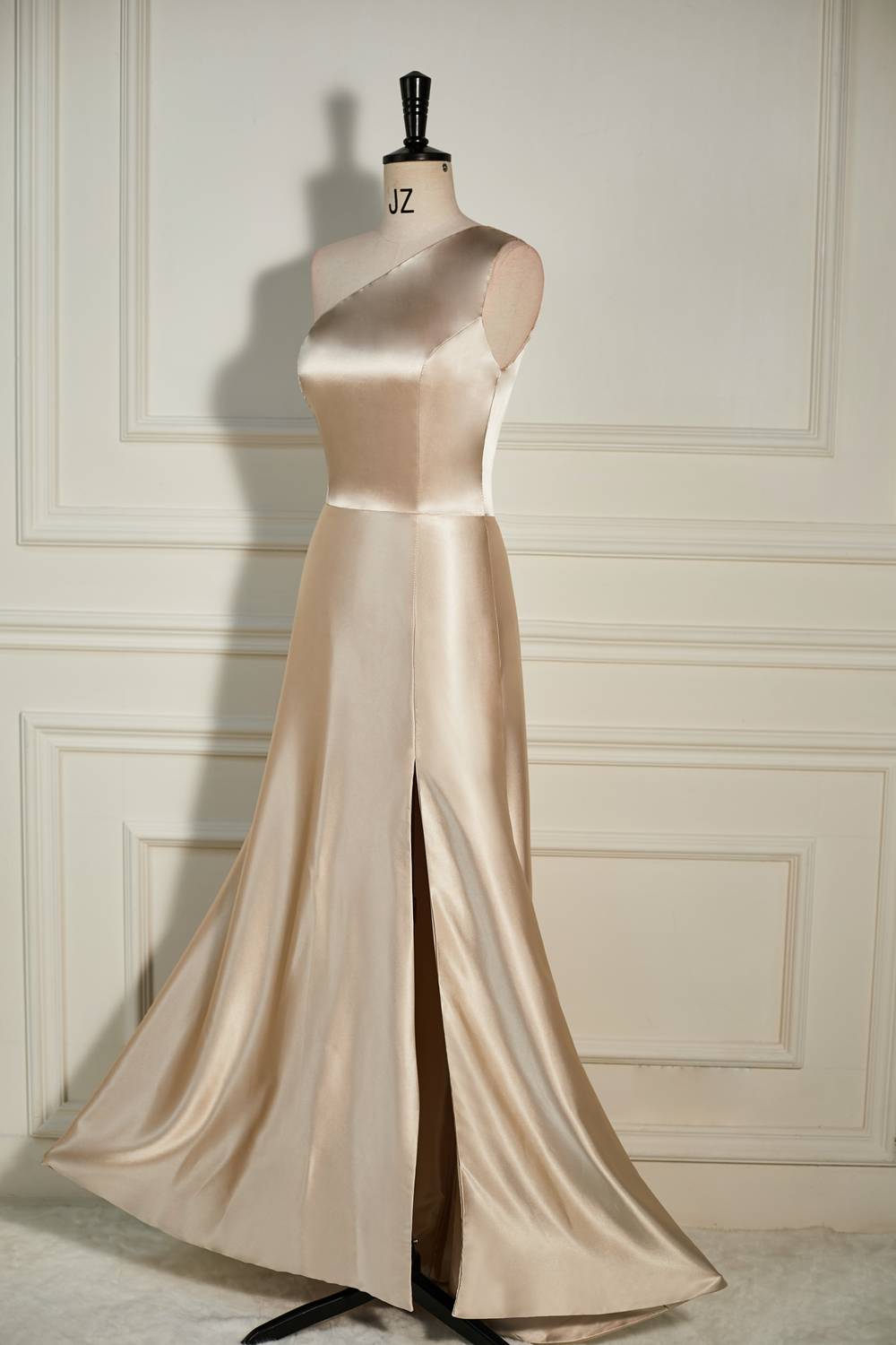 Champagne One Shoulder A-line Satin Long Dress with Slit