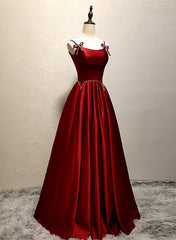 Wine Red Satin Straps Round Neckline Party Dress, Wine Red Long Prom Dress