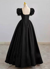 Black Sweetheart Short Sleeves Beaded Party Dress, A-Line Black Satin Prom Dress