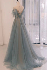 A-line Blue with Lace Applique Party Dress, Long Blue Formal Dress Prom Dress