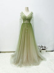 A-line Green Gradient Puffy Sleeves Tulle Long Party Dress, Green Long Prom Dress