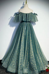 A-Line Off the Shoulder Tulle Long Prom Dress, Green Evening Party Dress