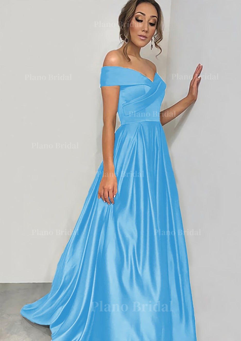 A Line Princess Off The Shoulder Sleeveless Sweep Train Satin Prom Dre