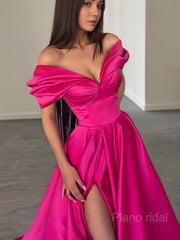 A-Line/Princess Off-the-Shoulder Sweep Train Satin Evening Dresses With Leg Slit