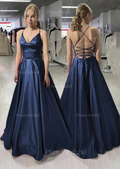 A Line Princess V Neck Sleeveless Satin Long Floor Length Prom Dress