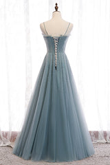 A-Line Spaghetti Straps Tulle Beaded Long Prom Dress, Cute Evening Party Dress