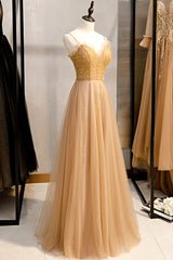 A-Line Spaghetti Straps Tulle Beaded Long Prom Dress, Evening Party Dress