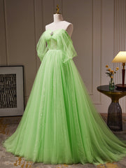 A-Line Sweetheart Neck Tulle Green Long Prom Dress, Green Tulle Long Evening Dress