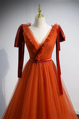 A-Line Tulle Long Prom Dress, Orange V-Neck Long Simple Evening Dress