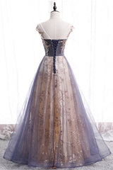 A-Line Tulle Long Prom Dress with Sequins, Cute Scoop Neckline Evening Dress