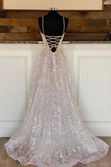 A-Line Tulle Sequins Long Prom Dress, Spaghetti Strap Backless Evening Dress