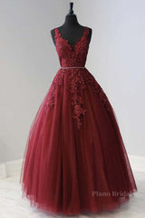 A Line V Neck Burgundy Lace Prom Dresses, Burgundy Lace Formal Dresses, Burgundy Evening Dresses