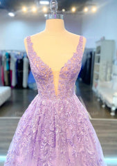 A Line V Neck Sleeveless Long Floor Length Lace Prom Dress With Beading