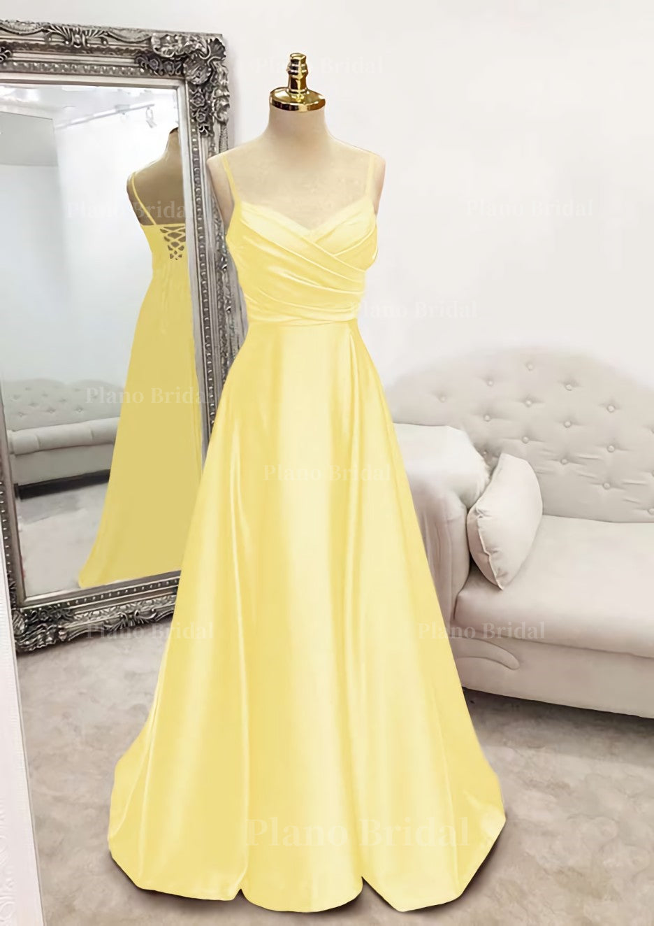 A Line V Neck Spaghetti Straps Long Floor Length Satin Prom Dress With