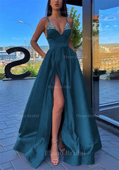 A Line V Neck Spaghetti Straps Long Floor Length Satin Prom Dress With Split Pockets Beading