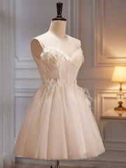 A-Line V Neck Tulle Light Champagne Short Prom Dress, Champagne Homecoming Dress