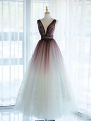 A-Line V Neck Tulle Long Brown Prom Dresses, Tulle Long Evening Dresses