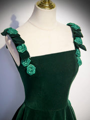 A-Line Velvet Green Long Prom Dresses, Green Formal Evening Dresses