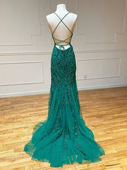 Backless Green Lace Mermaid Prom Dresses, Open Back Mermaid Lace Formal Evening Dresses