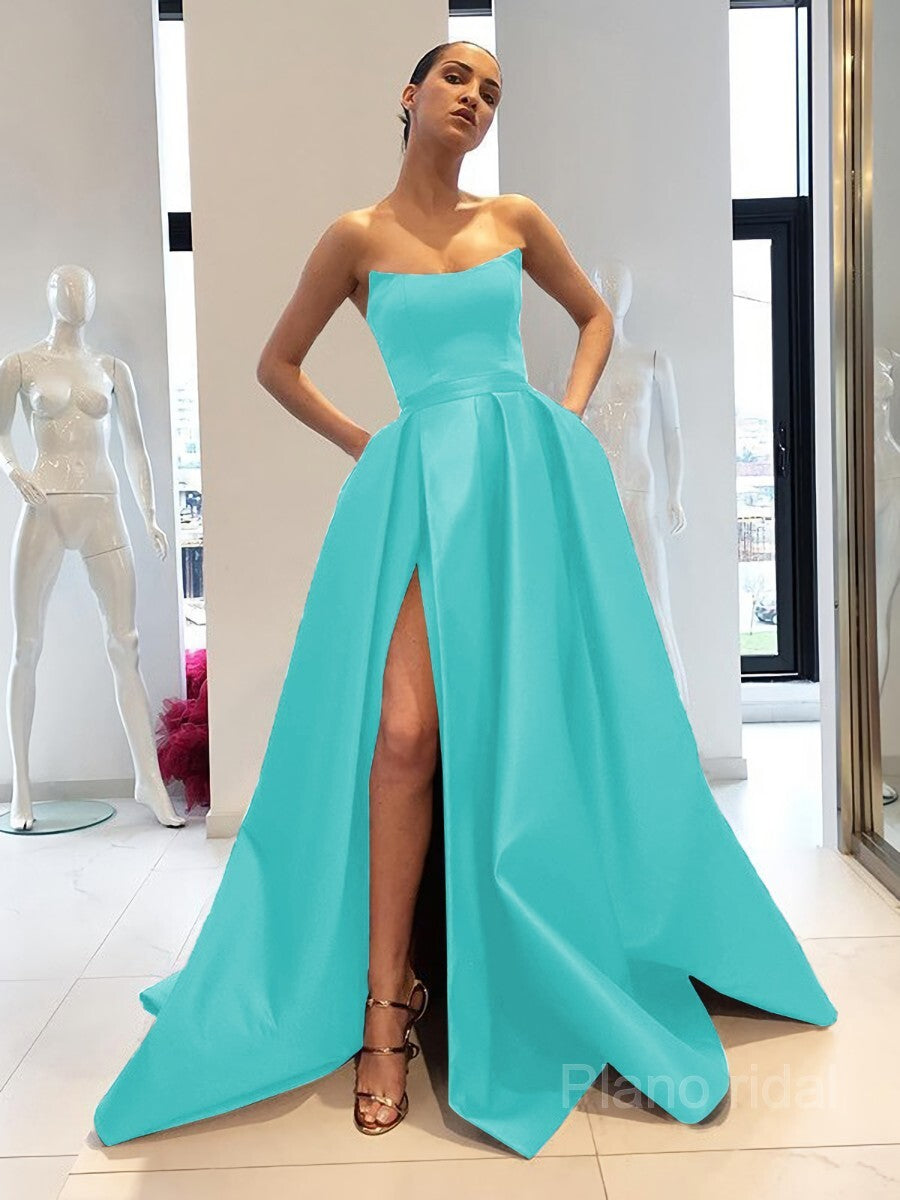 Ball Gown Strapless Sweep Train Satin Prom Dresses With Leg Slit ...